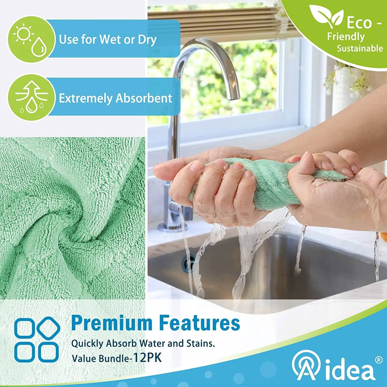Aidea Kitchen Dish Cloth - 12 Pack, Super Absorbent Coral Fleece Dish Cloths, No Odor Reusable Dish Cloth, Premium Microfiber Cleaning Cloths, Nonstick Oil Washable Fast Drying 6.3" x10.4"