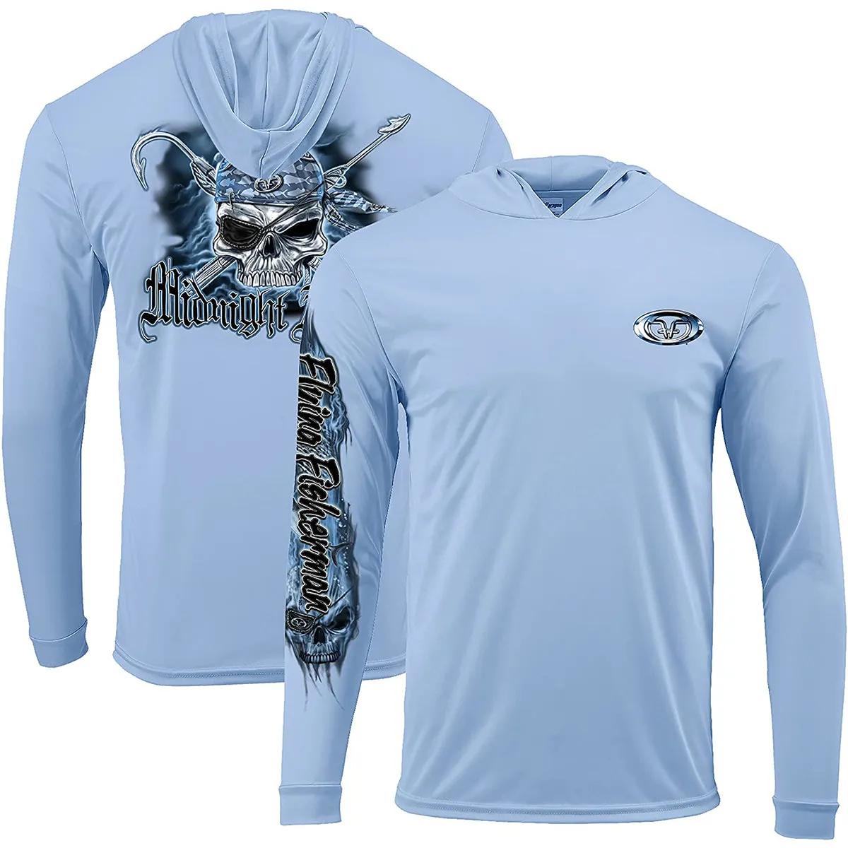 Flying Fisherman Pirate Skull Performance Pullover Hoodie - Blue Mist