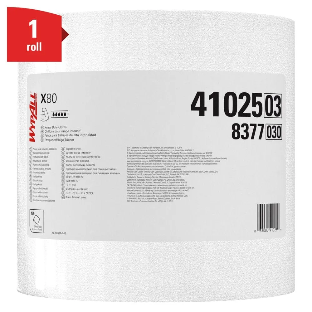 Kimberly Clark Wypall Power Clean X80, Jumbo Roll Shop Towels, Heavy Duty Cloths