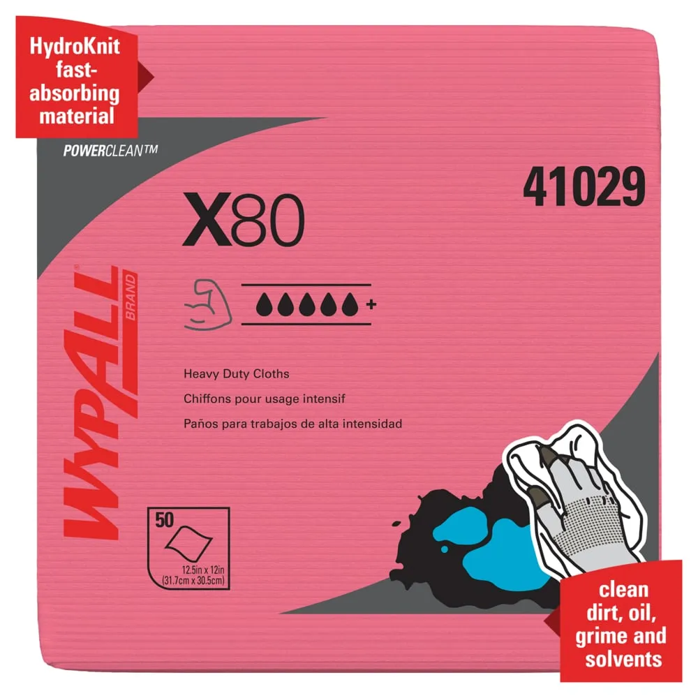 Wipers - WypAll® PowerClean™ X80 Heavy Duty Cloths, 1/4 Fold - White or Red (Case of 4 Packs), 41026 / 41029