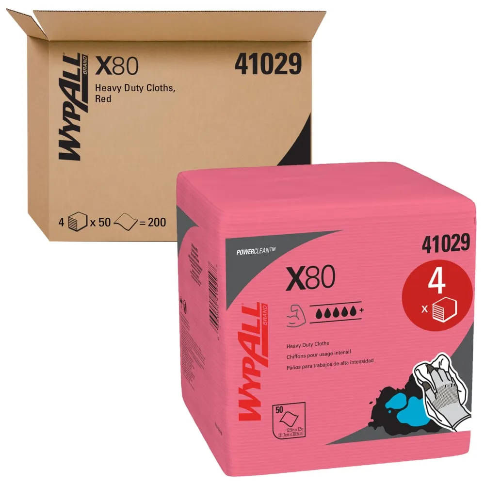 Wipers - WypAll® PowerClean™ X80 Heavy Duty Cloths, 1/4 Fold - White or Red (Case of 4 Packs), 41026 / 41029