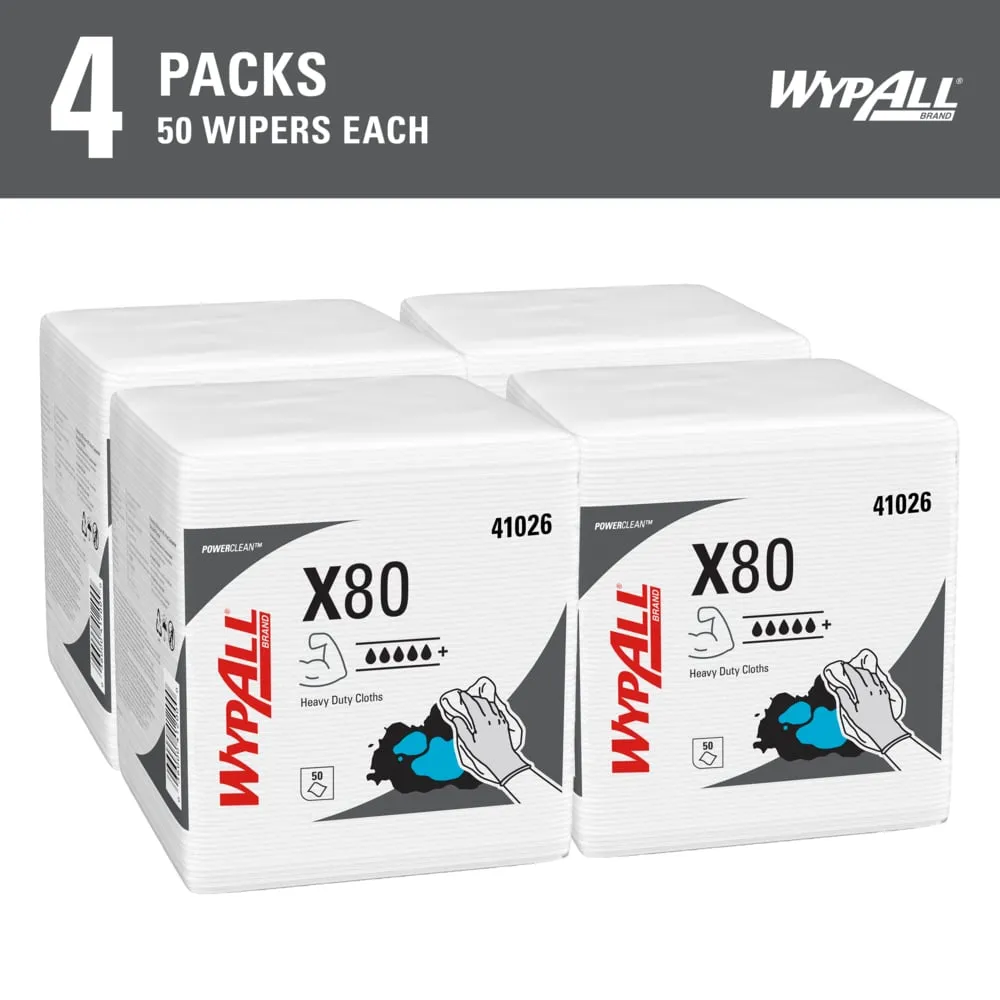 Wipers - WypAll® PowerClean™ X80 Heavy Duty Cloths, 1/4 Fold - White or Red (Case of 4 Packs), 41026 / 41029